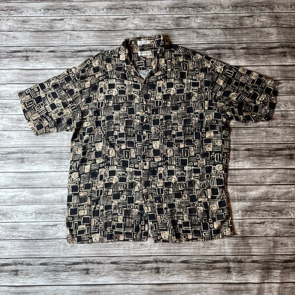 Pierre Cardin Mens Black Beige Abstract Button Down Shirt Extra Large XL Short